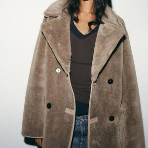 ZARA Reversible Double‑Faced Coat Taupe Gray Medium Faux Fur Faux Leather NWT